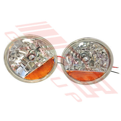 SL-3371 - HEADLAMP SET - 2PCS - CRYSTAL/AMBER/CHROMED CAP - TO SUIT - H4 P43 3PIN 7INCH ROUND