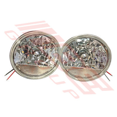 SL-3372 - HEADLAMP SET - 2PCS - CRYSTAL/CLEAR/CHROMED CAP - TO SUIT - H4 P43 3PIN 7INCH ROUND