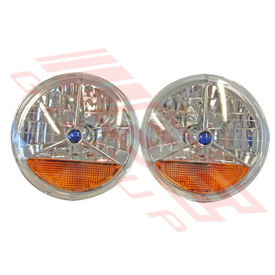 SL-3374 - HEADLAMP SET - 2PCS - CRYSTAL/AMBER/BLUE CAP - TO SUIT - H4 P43 3PIN 7INCH ROUND